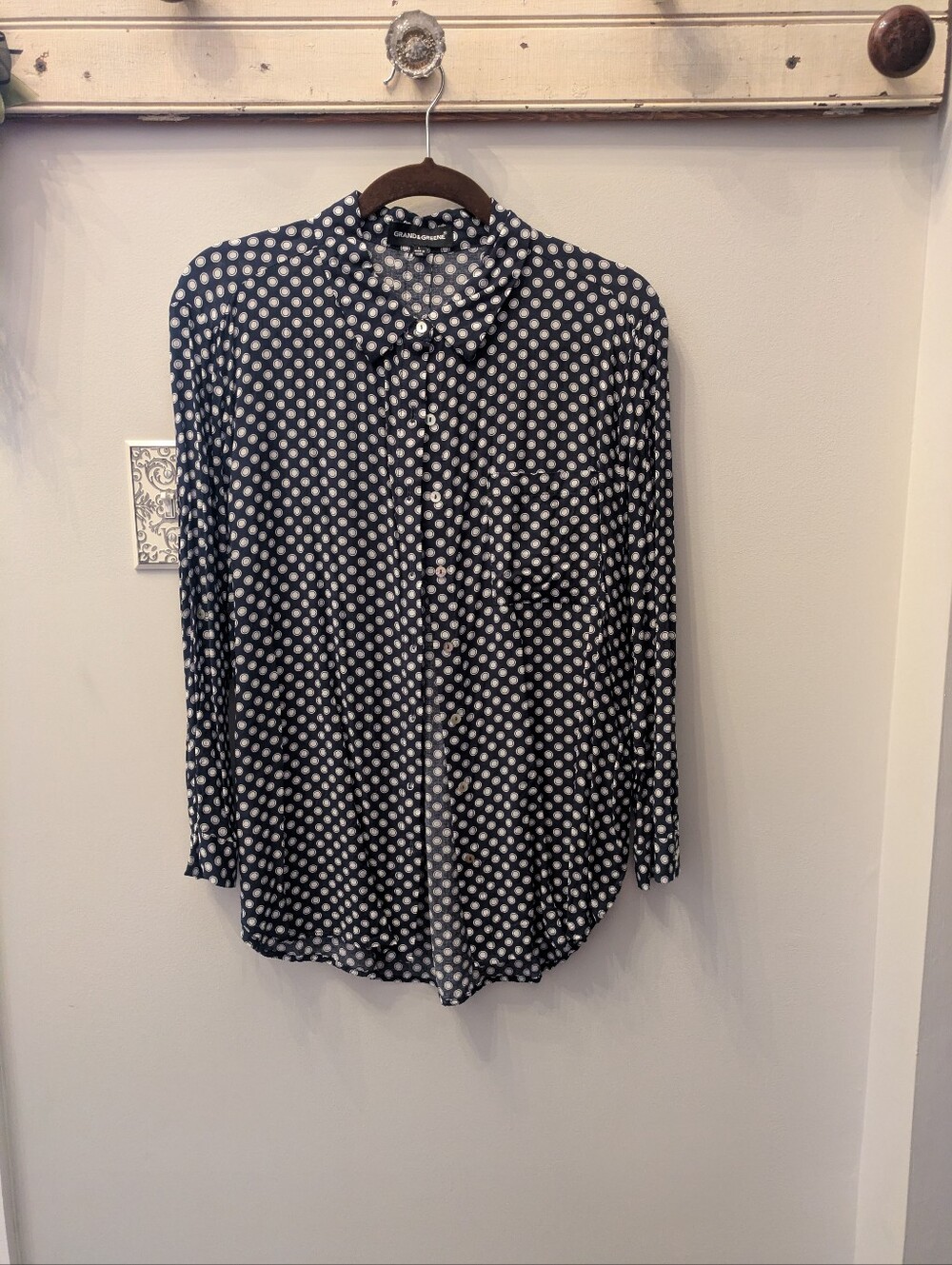 grand & greene Navy and White Polka Dot Blouse